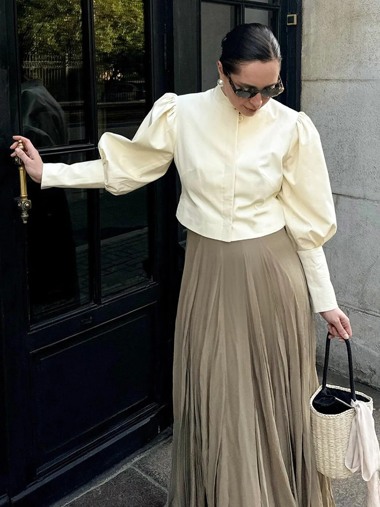 

Новая осенняя элегантная однотонная лоскутная тонкая женская рубашка с пышными рукавами, винтажная офисная женская повседневная блузка, топы, модная женская одежда