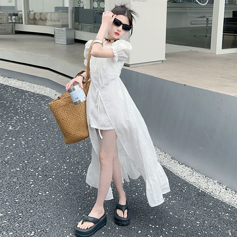 junior girls 2024 French Square Neck White Short Sleeve Dress Puff Sleeve Ruffle Long Skirt Premium teen kids princess Dresses