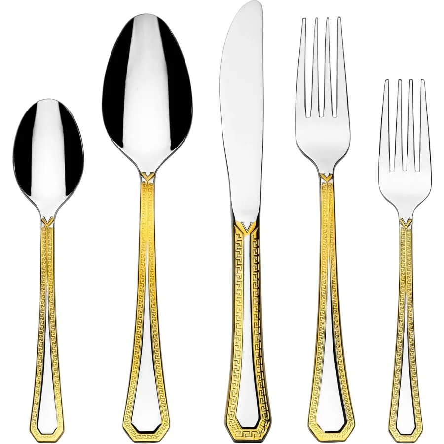 

20-Pieces Cutlery Set - Greek Key Gold Flatware Service for 4, 18/10 Premium Stainless Steel Silverware, 24 Karat Gold-plated