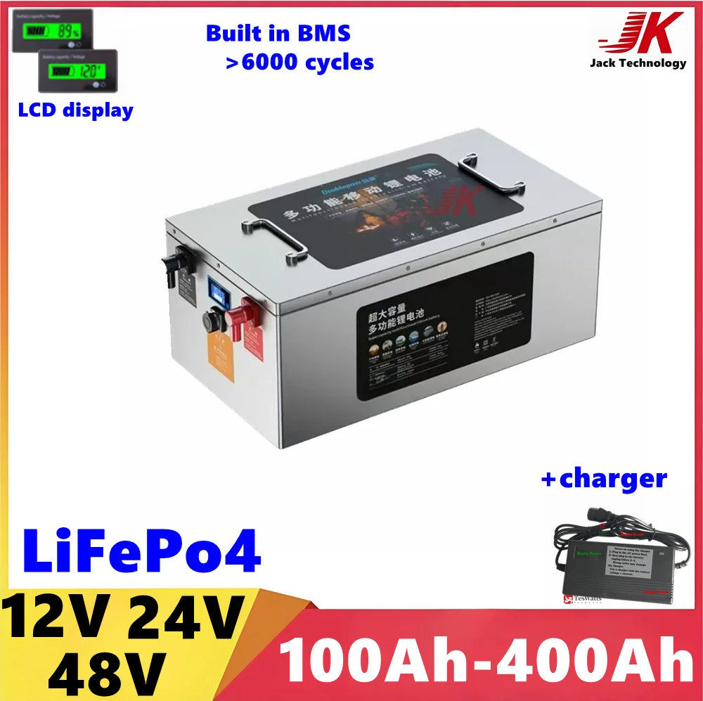 

JK 12V 24V 48V 100Ah 200Ah 300Ah 400Ah LiFePo4 Battery Lithium Batteries For Solar energy Boat inverter Golf Cart Outdoor RV EV