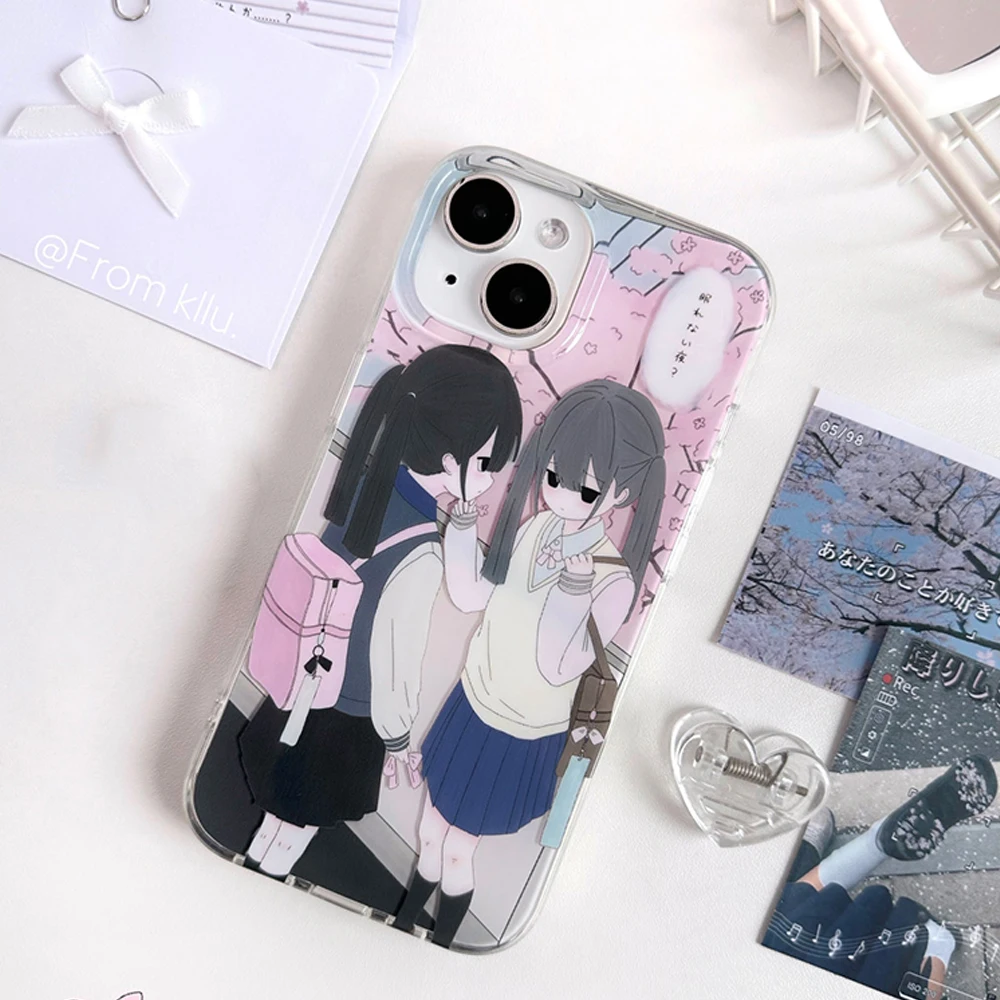 Japanese Girl JK Comic Sense Anime Case For iPhone 15 14 Pro Max 11 12 13 15 Pro XR XS 7 8 Plus Sakura Bright Face Phone Case