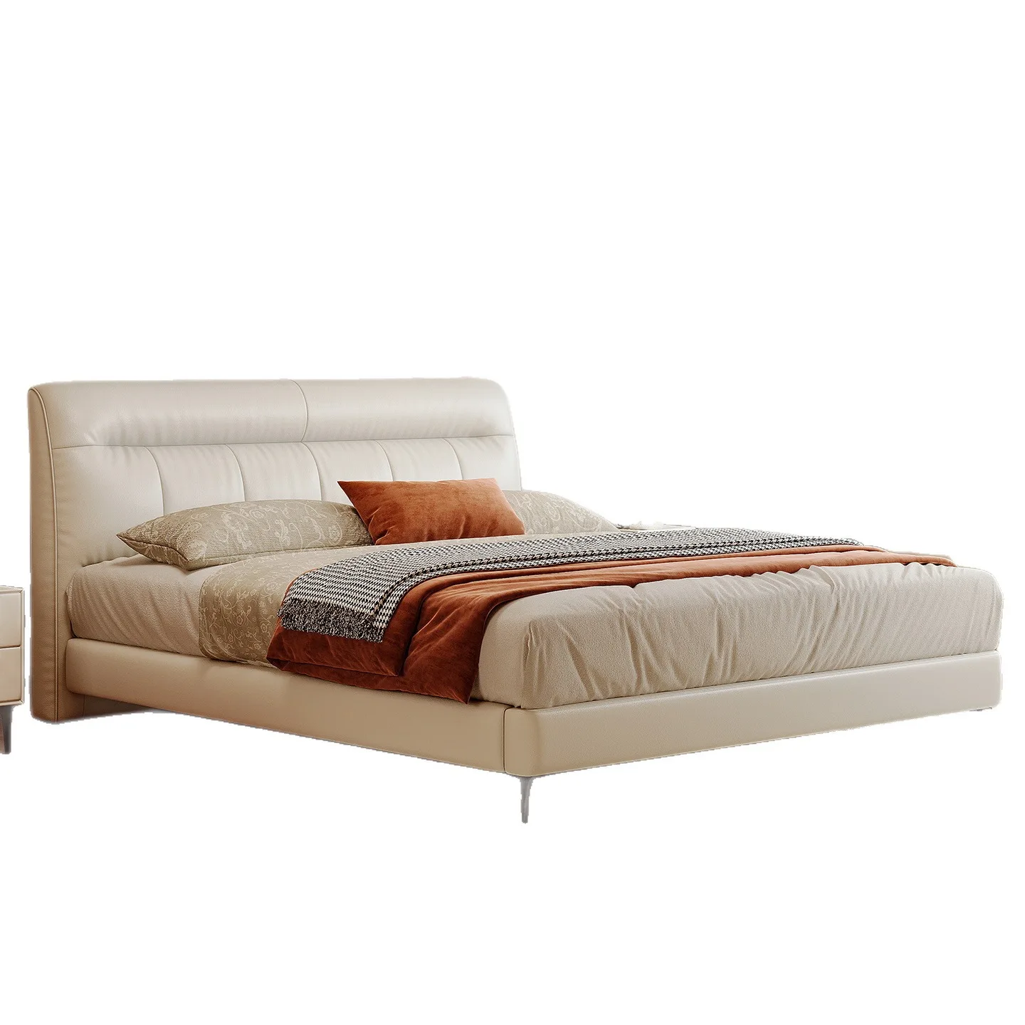 The first layer of cowhide is simple, modern cream wind soft bag, flush edge small apartment leather bed