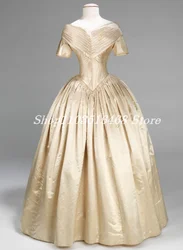 1840s Evening Dress Champagne Victorian Dresses Corseted Strapless Short Sleeve Satin Ruffled Long Women's Party Dresses