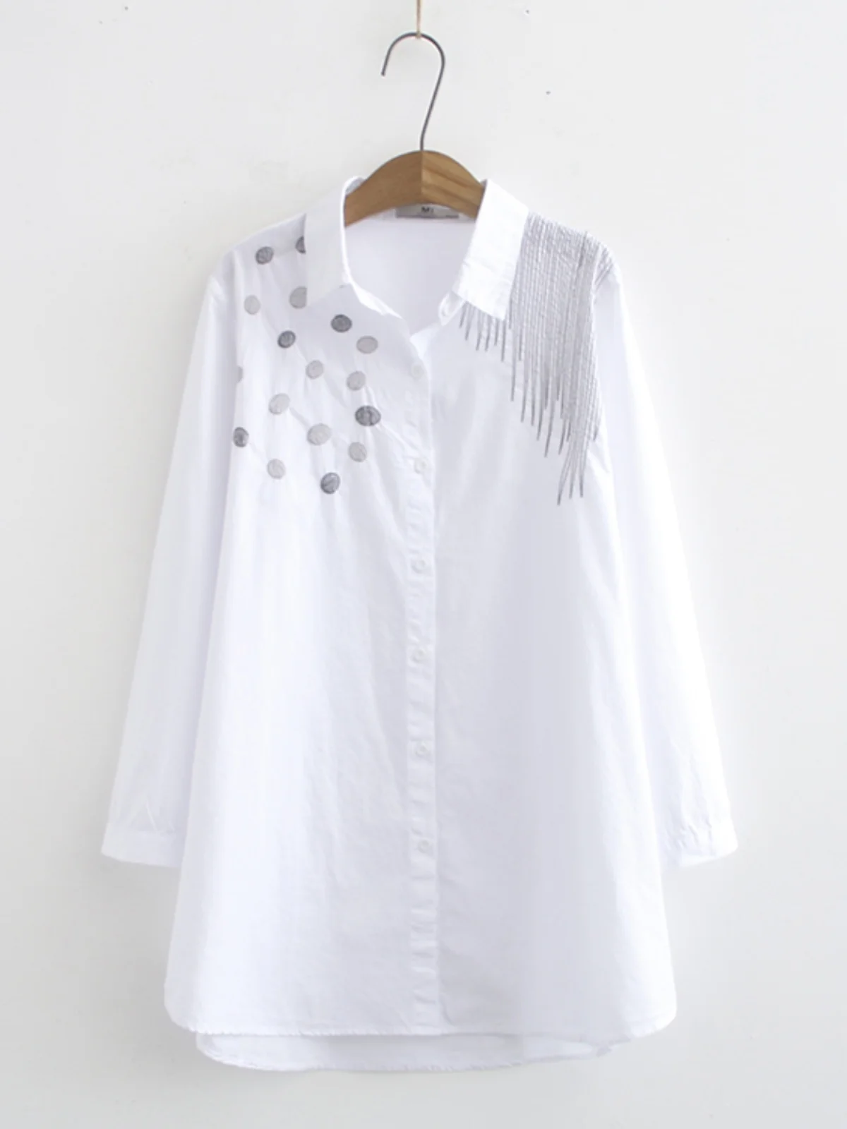 

plus Size Women's Casual irt Korean Sle round Dot Line Embroidery Loose Fit Long Sve Collar Mid-Length Polyester