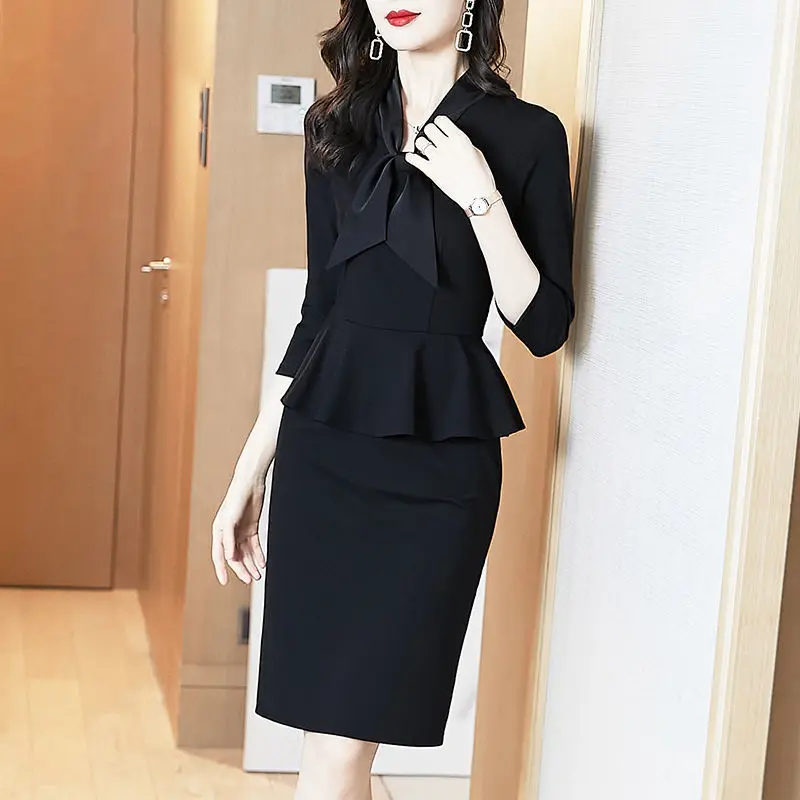 Office Lady Bow Tie Fashion Midi Dress Spring Summer 3/4 Sleeve Splicing Temperament Slim Casual Woman Black Elegant Dresses