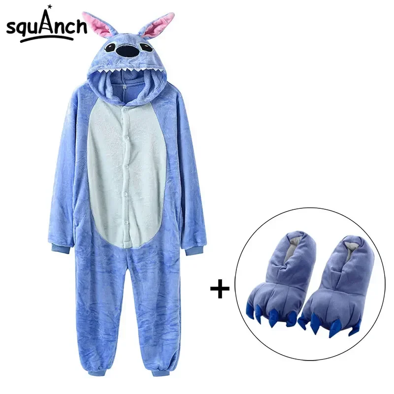 Kigurumis onesies with slippers overalls adult women men blue animal pajama button zipper jumpsuit funny outfit XXL suit