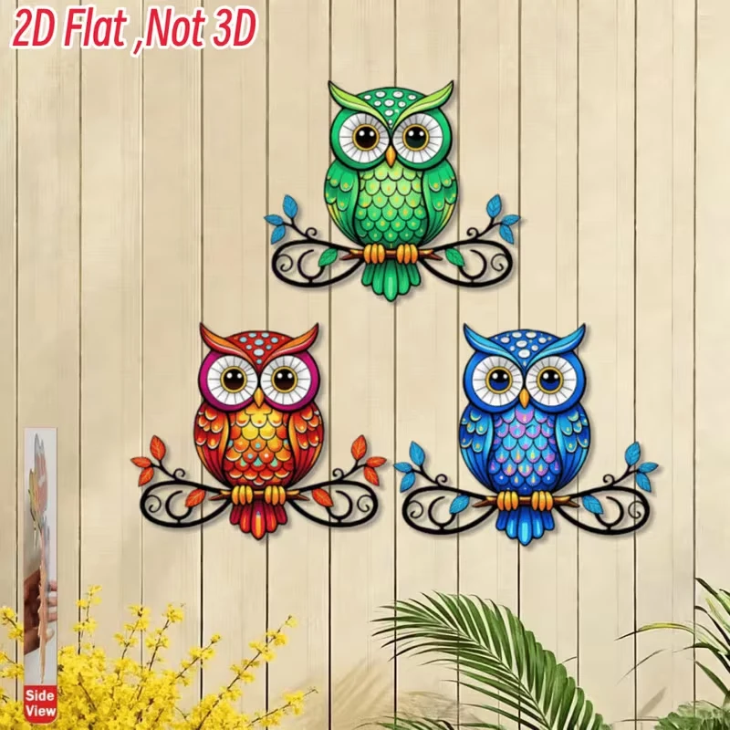3pcs Bohemian Acrylic Owl Wall Decor  2D Flat Printed Animal Art for Garden, Patio, Fence, Home Decoration, Ideal Gift