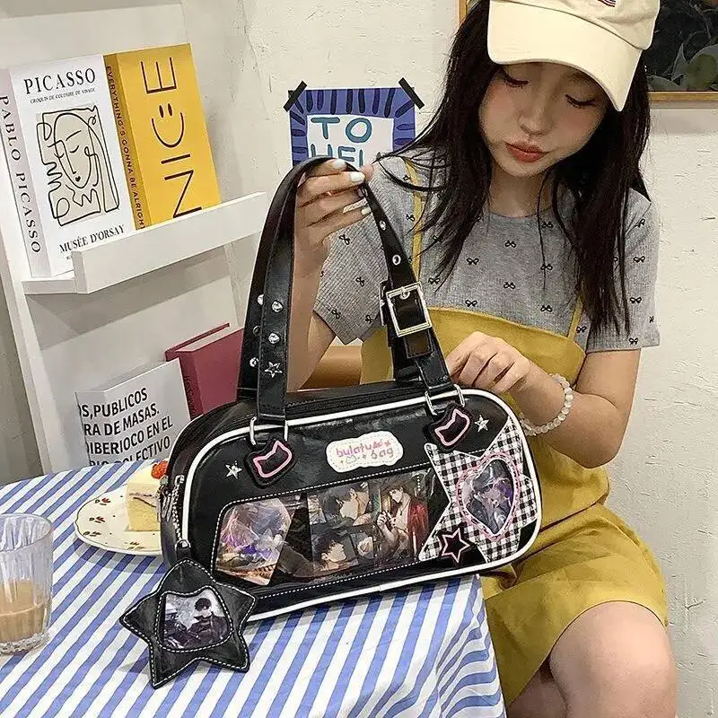 Bloom Japanese Transparent Blue Handbag Women Haruku Aesthetic Leather Ita Bag Female Preppy Style Sweet Cute Shoulder Bags
