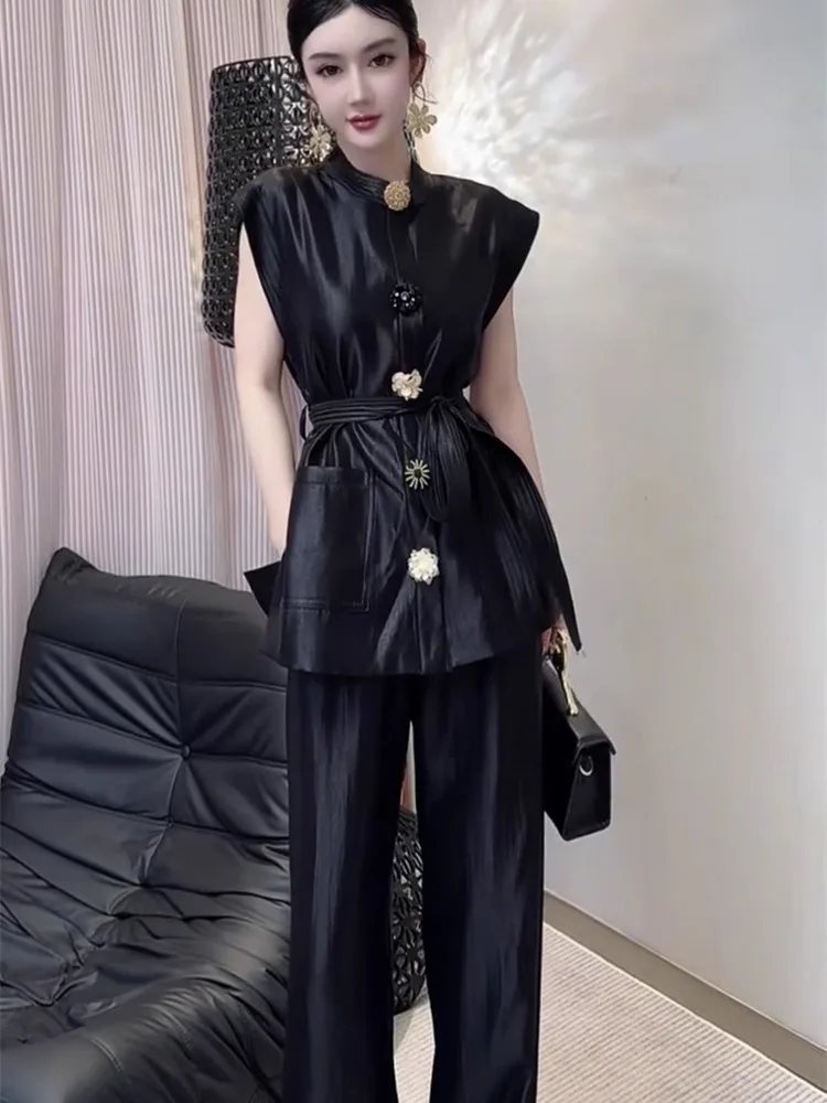 2025 Summer New Fashionable Slim High End Light Luxury Heavy Industry Top Shirt Straight Casual Pants Set for Women