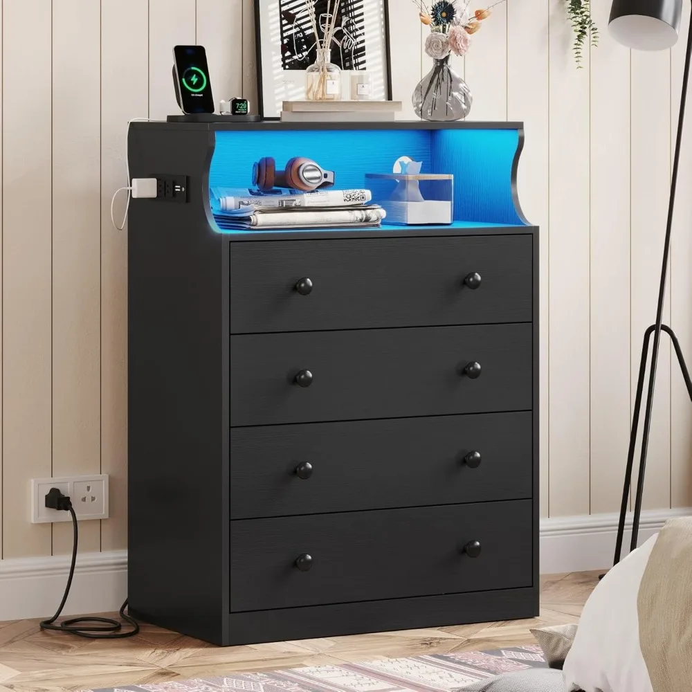 Drawer Dresser for Bedroom with LED Lights, Chest of 4 Drawers with Charging Station, Tall Dresser with Large Storage Space