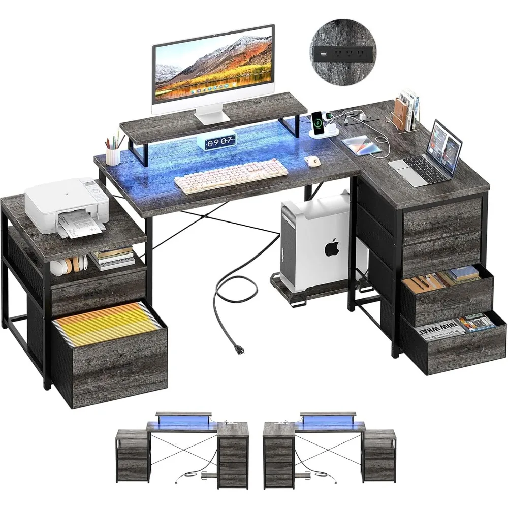 

L Shaped Desk with File Drawers, 71" Reversible Computer Desk with Power Outlet and Smart LED Light, Large Office Desk