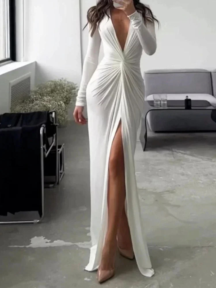 Damska Sukienka Maxi Letnia Moda Sexy Rozcięcie Dekolt V Długi Rękaw Jednolita Wyszczuplająca Plisowana Sukienka Wieczorowa Imprezowa High Streetwear Lato 5XL — zdjęcie 2