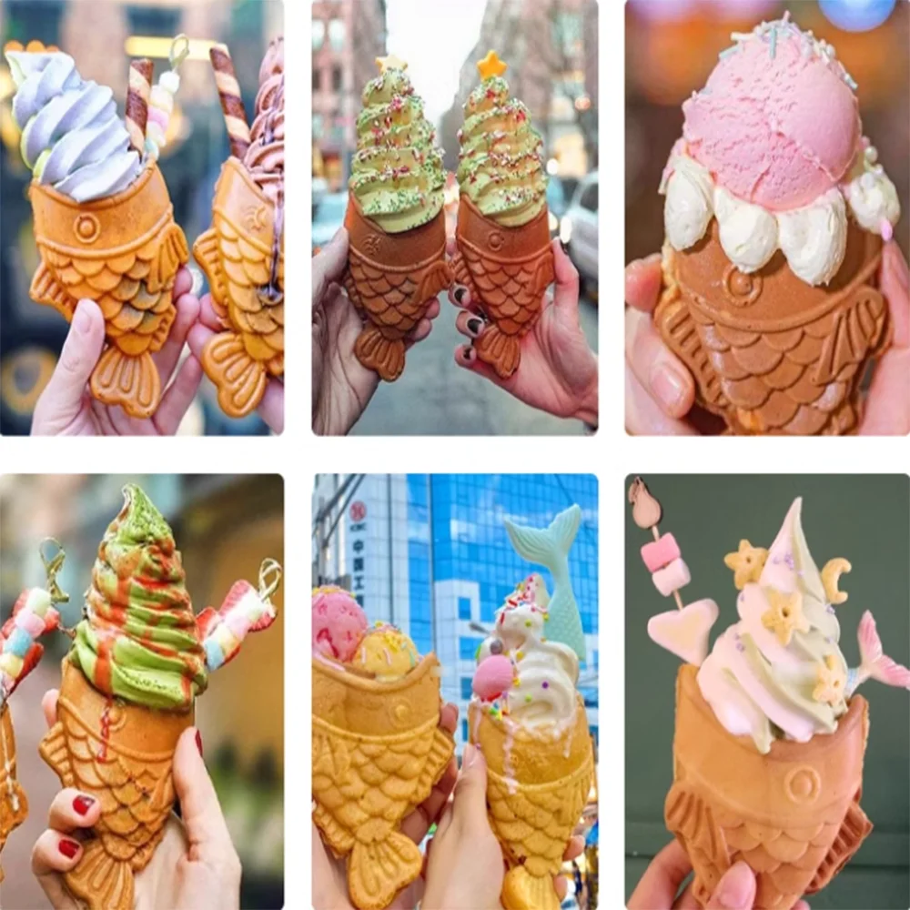 5Pcs Ice Cream Taiyaki Machine Commercial Electric Fish shaped Open Mouth Waffle Maker Non-stick Ice cream Cone Taiyaki Machine