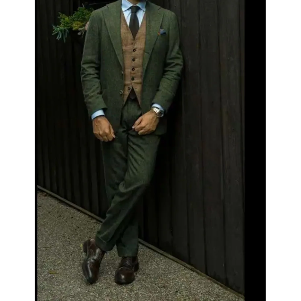 

Green Men Suit Notch Collar High Quality Single Breasted 3 Pieces Jacket Pants Business Speical Customize Male Clothing Fashion
