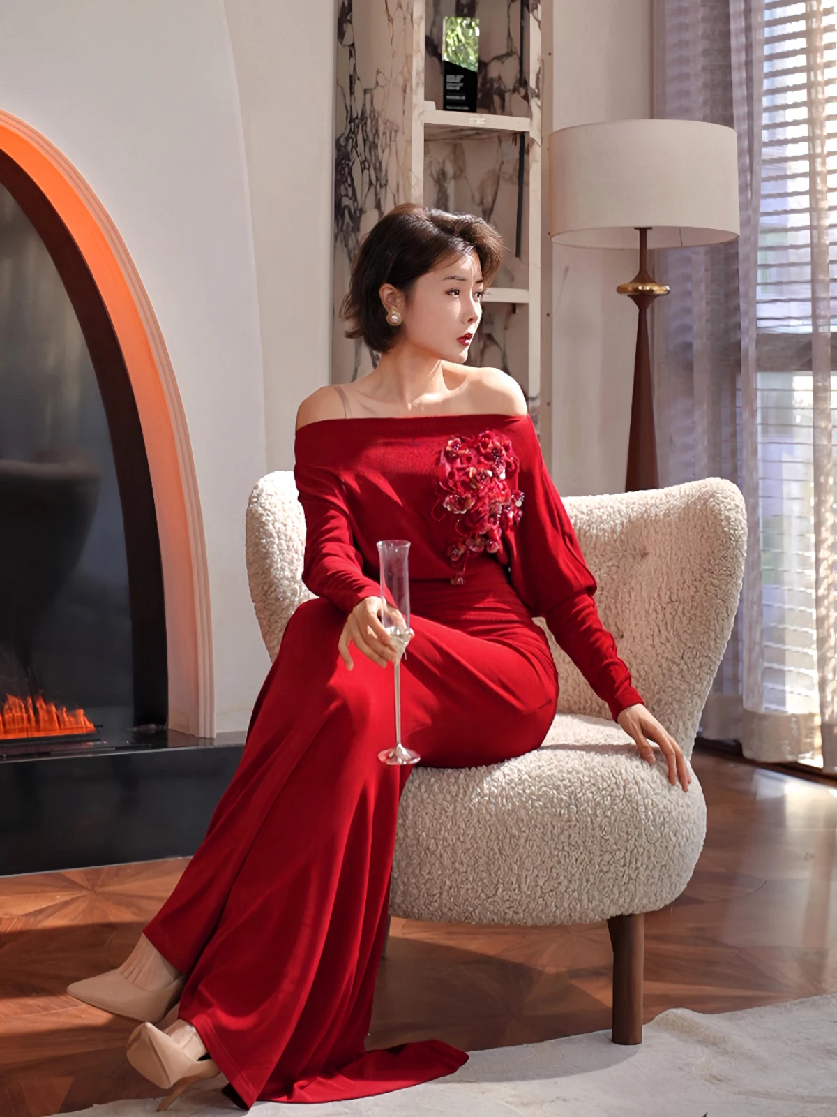 

XULU Original Red Linen Heavy Embroidery High Waist Batwing Sleeve Slim Fit Dress French Style Custom-tallor Women's Dress