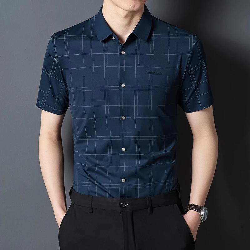 

Fashion korean popular clothes sunmmer elastic short sleeve shirts for men slim fit formal plian shirt soft office plaid tops