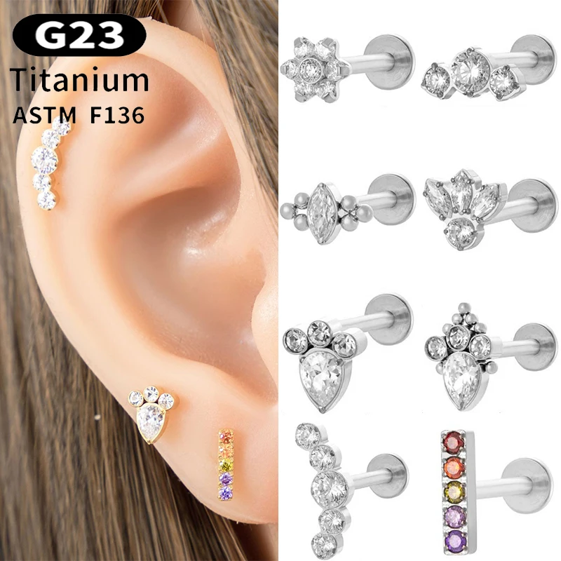 

1PC G23 Titanium 16G Ear Studs Internal Thread Flat Back Zircon Flower Helix Lip Stud Tragus Cartilage Labret Piercing Jewelry
