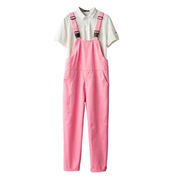 Men Pink Bib Overalls Casual Adjustable Suspenders Jumpsuits Y2K Loose Straight Pants