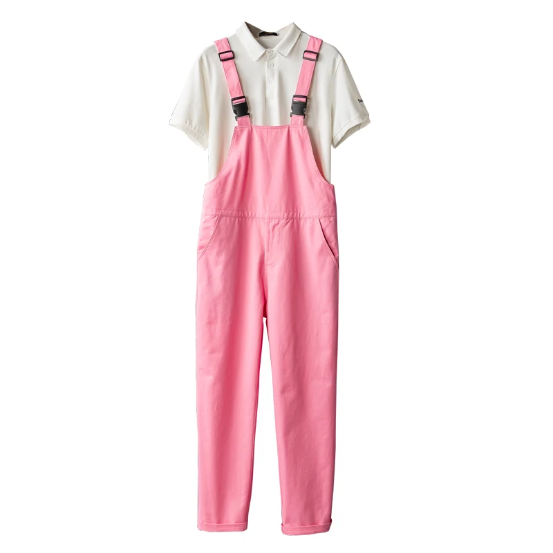 Men Pink Bib Overalls Casual Adjustable Suspenders Jumpsuits Y2K Loose Straight Pants