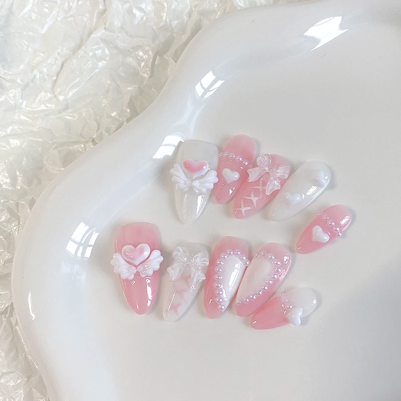 10 Stück handgepresste mandelförmige Nägel, schöne künstliche Nägel, süße Herz-Nagelkunst, rosa Engel, geeignet für Frauen. – Detail 5