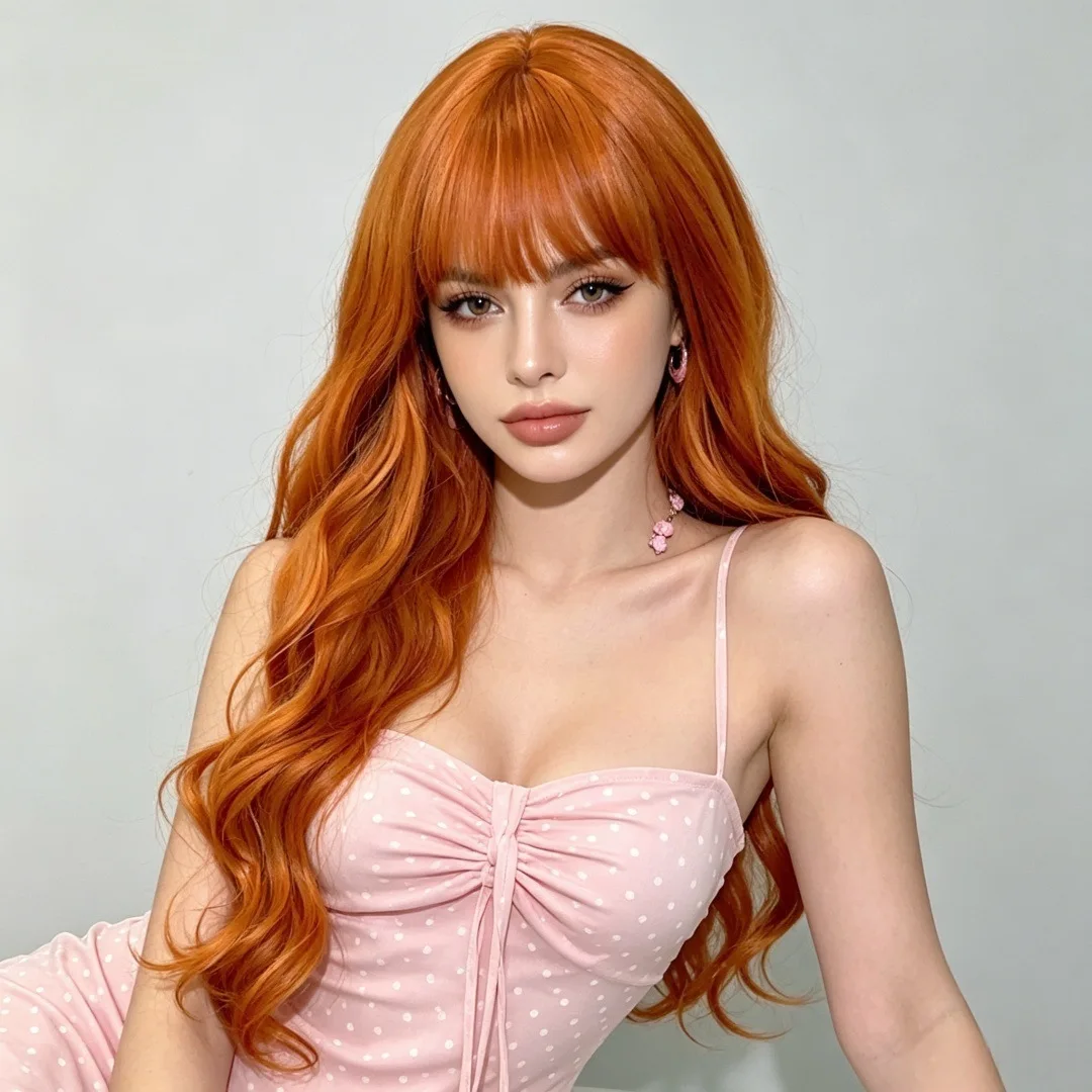 Orange 26-inch wavy curly synthetic wig - Halloween cosplay character costume wig - Daily wig - High-temperature silk wig set