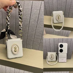 Korean Luxury Pearl Chain Hinge Case for Samsung Galaxy Z Flip6 Case Z Flip5 Z Flip7 4 Pocket2 Moto Razr50 ultra Xiaomi Mix Flip