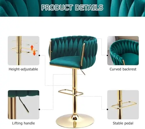 طقم كراسي بار مخملية خضراء مكونة من 4 قطع - كراسي دوارة قابلة للتعديل بأرجل ذهبية