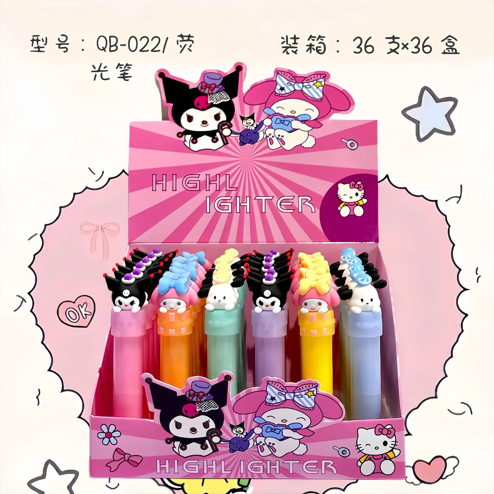 36pcs Kawaii Sanrio High Lighter Cartoon 6color Diy Handbook Pen Cute High Lighter Student Marker Pen Stationery Gift