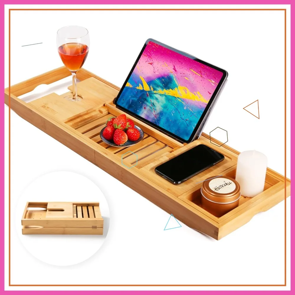 

Расширяемый бамбуковый поднос для ванны с держателем для книг и вина — роскошный подарок для отдыха в ванне