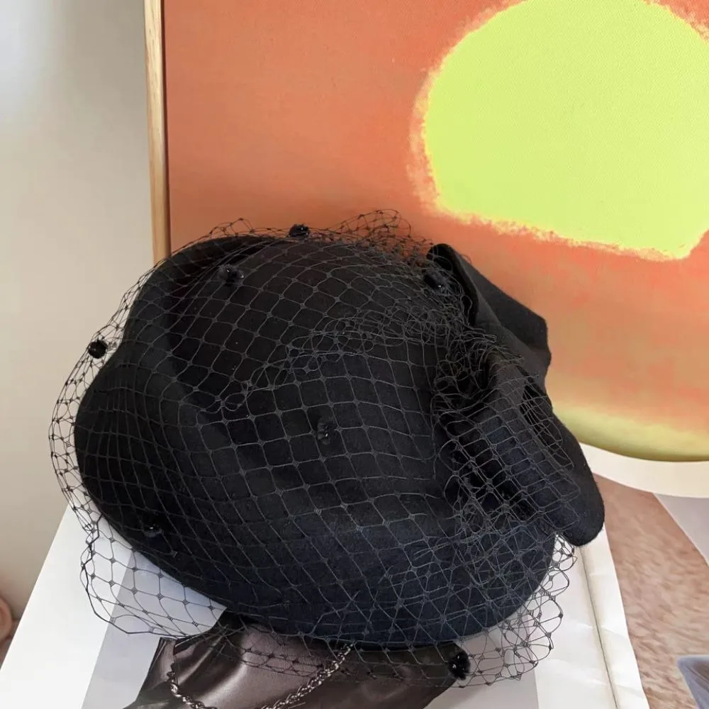 New Cashmere Wool Bow Hat with Veil British Style Temperament Fascinator Hat Casual Lady Formal Hat