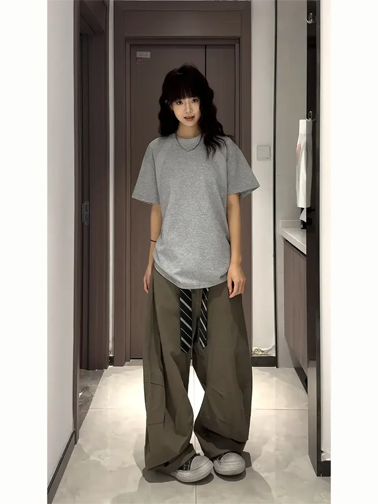 아메리칸 슬레 헤비웨이트 디컨스트럭티드 오르트 스베 여성 여름 클린핏 스몰 칼라 숄더 티셔츠 루즈 탑 (커플용)