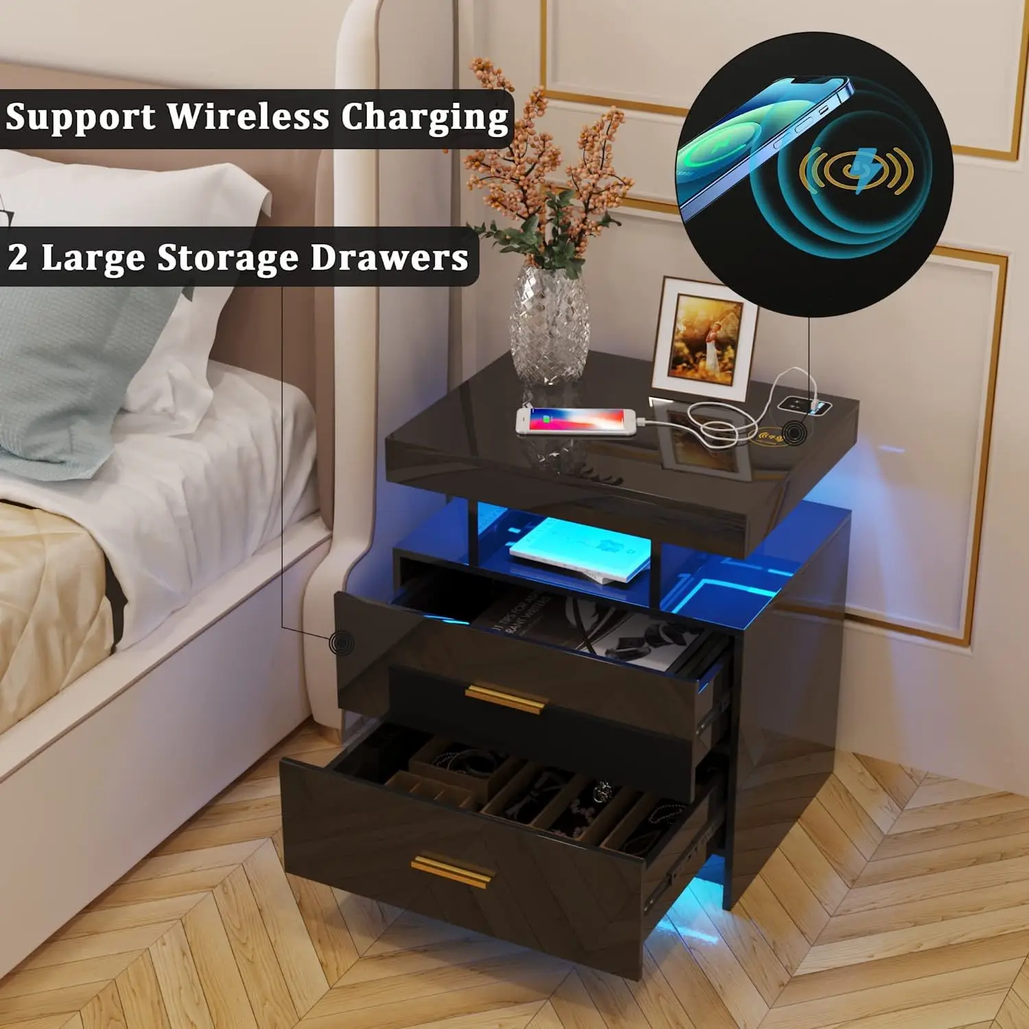 //Multifunctional Modern Eco-Friendly Hotel Bedside Cabinet Smart Bedside Table 2 Drawers Storage Lighting Rechargeable Feature