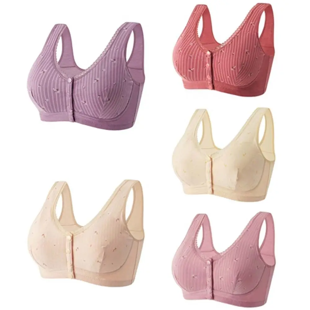 Breathable Flower Bras for Older Women Gathered Breasts Widened Shoulder Straps Front Close Button Cotton Bras Lingerie