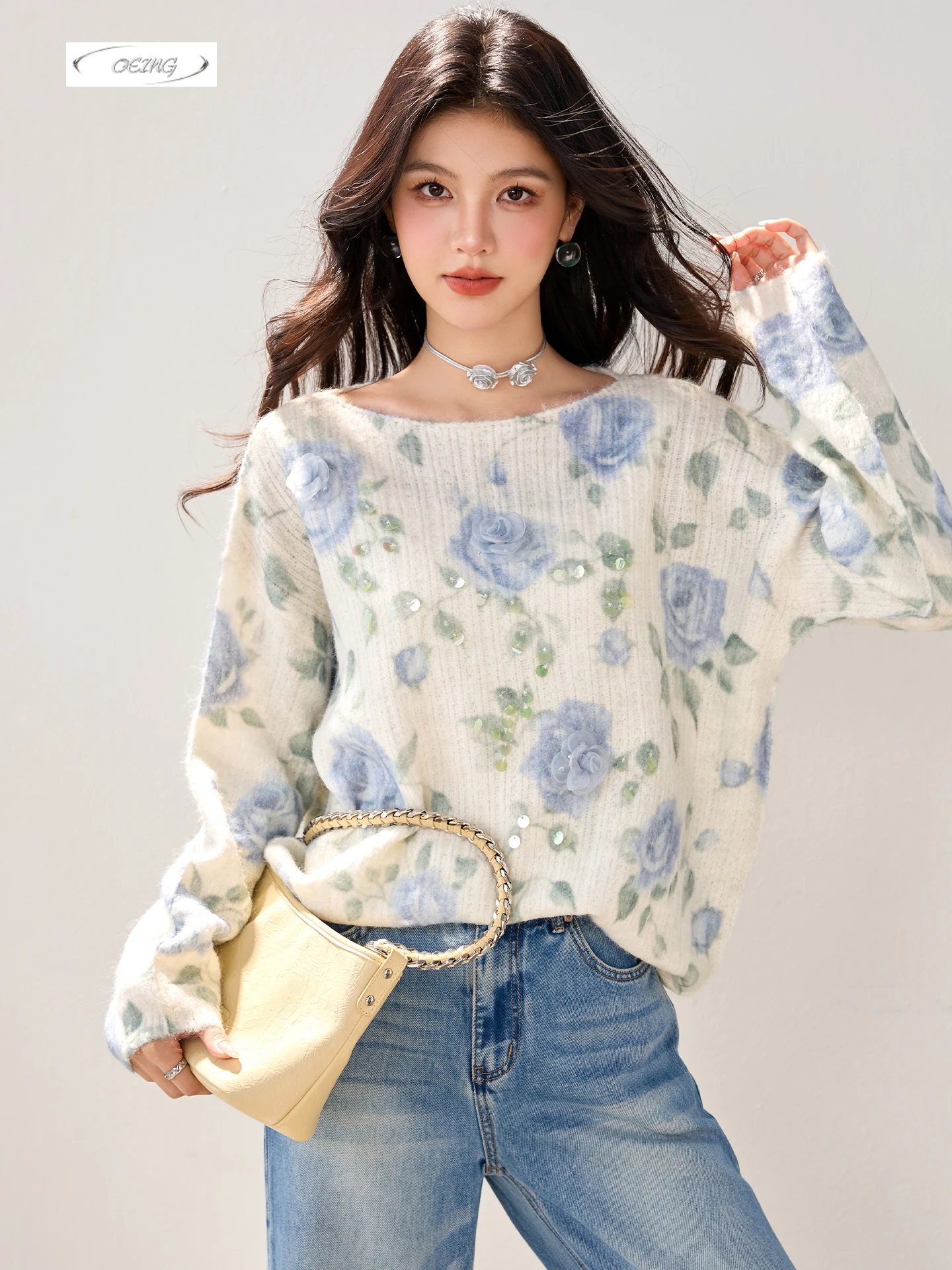 

Модный синий вязаный пуловер с цветочными пайетками и бисером для женщин, осень-зима, элегантный свободный топ с длинными рукавами, трикотаж 6037