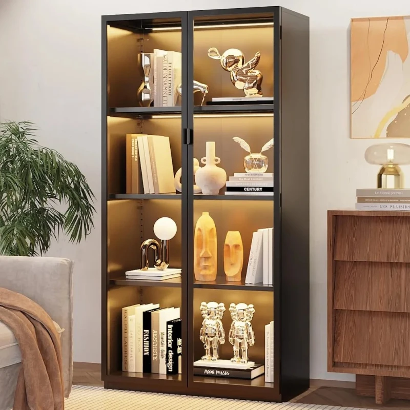 Display Cabinet with Glass Doors and LED Lights, Glass Display Case with 3 Adjustable Shelves,4 Tier of Storage