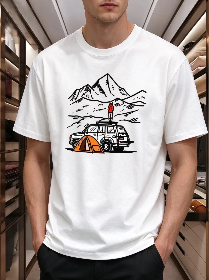 Mountain Camping Mens T-Shirt Offroad Vehicle Tent Hiking Graphic Print Casual Short Sleeve Soft Modal Tee Gift For Outdoor