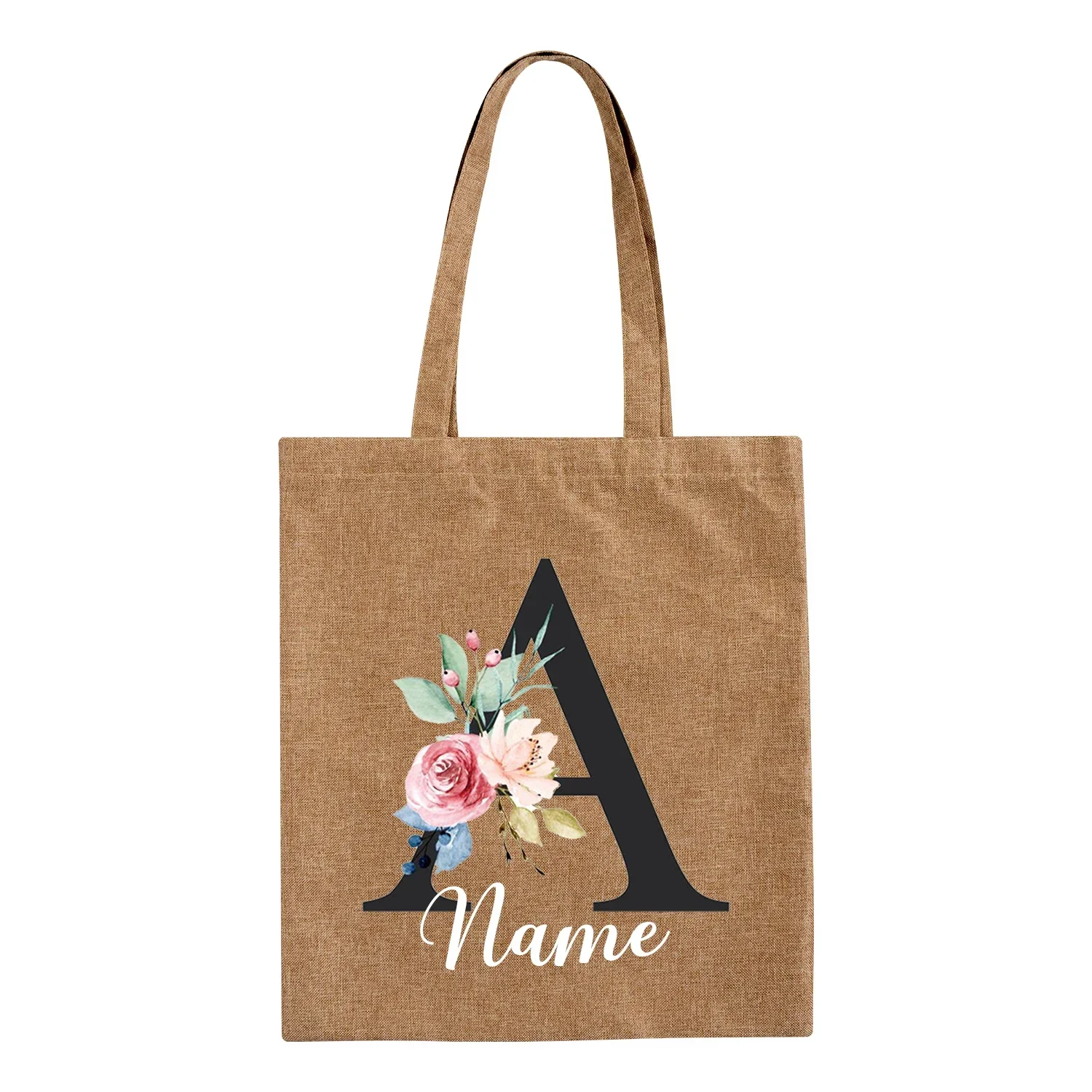 Foldable Shopping Bag Flower Letter Customize Name Linen Bag Ladies Casual Tote Bag Large Capacity Reusable Christmas Gift Bags