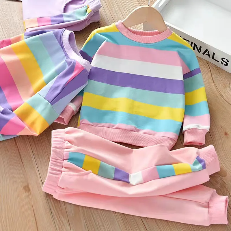 Children's Spring and autumn girls rainbow suit girls children sportswear rainbow top + trousers casual 2-piece set