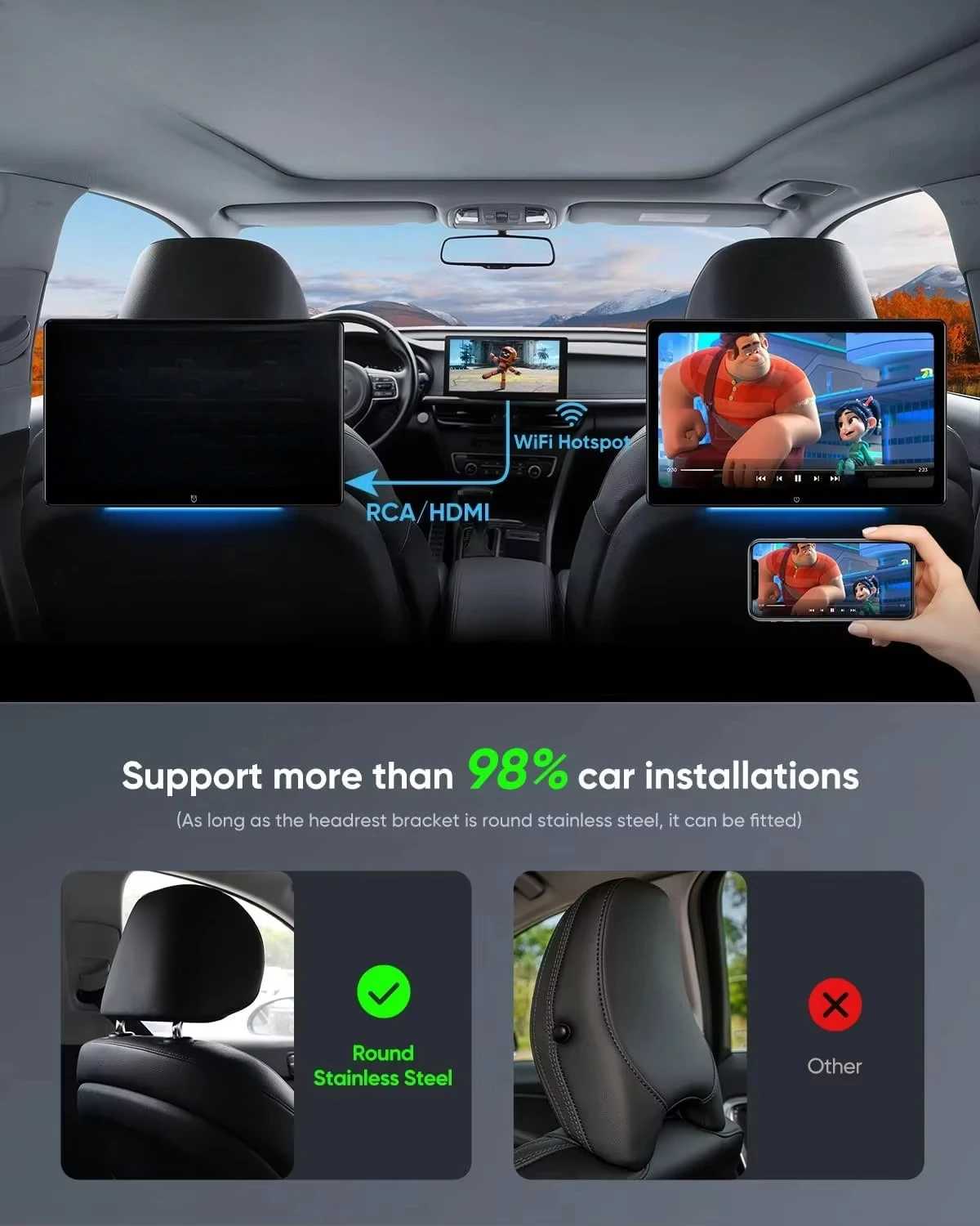 14 Inch Android  4+64G Headrest Monitor Tablet Screen for Rear Seat 4K Support Netflix/YouTube HDMI With Ambient Lights HDMI