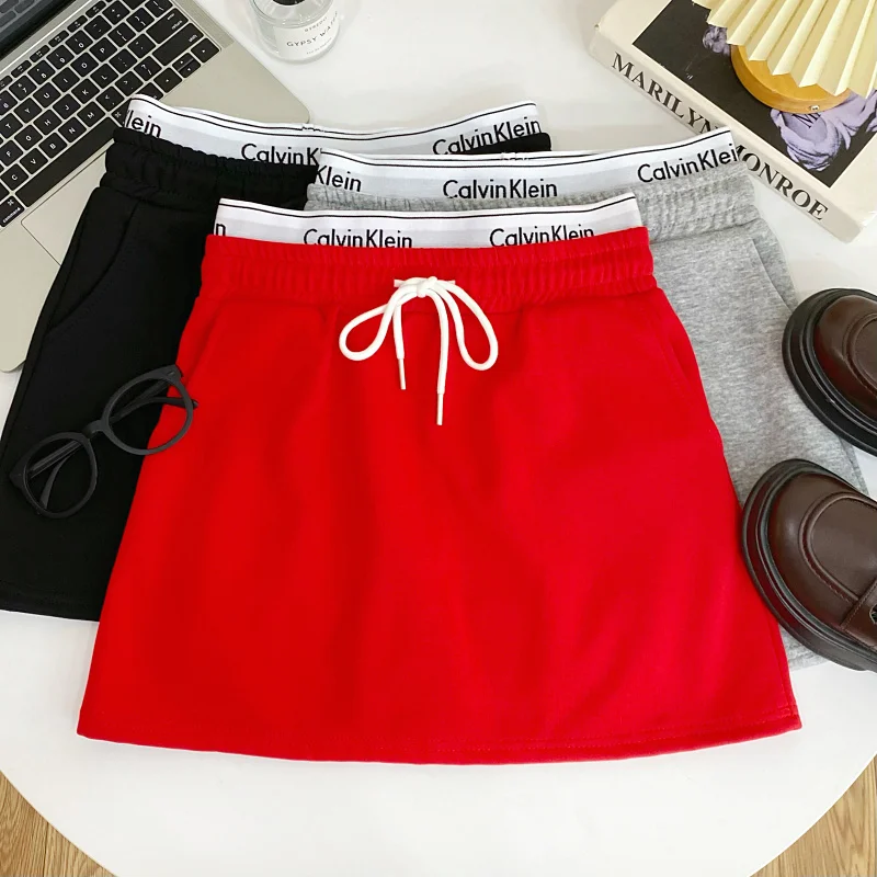 

Юбка А-силуэта с высокой талией и эластичным поясом на шнурке, с буквенным принтом, женская, модная, для повседневной носки, в корейском стиле, облегающая