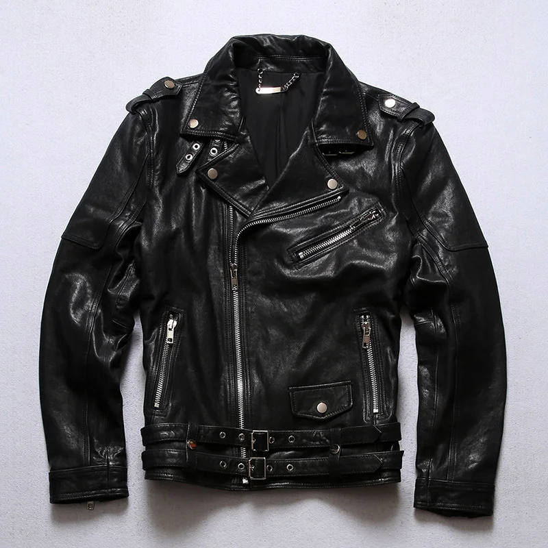 tanned Free shipping.wholesales.men cool sheepskin jacket.fashion biker quality real leather coat.black slim popular leather