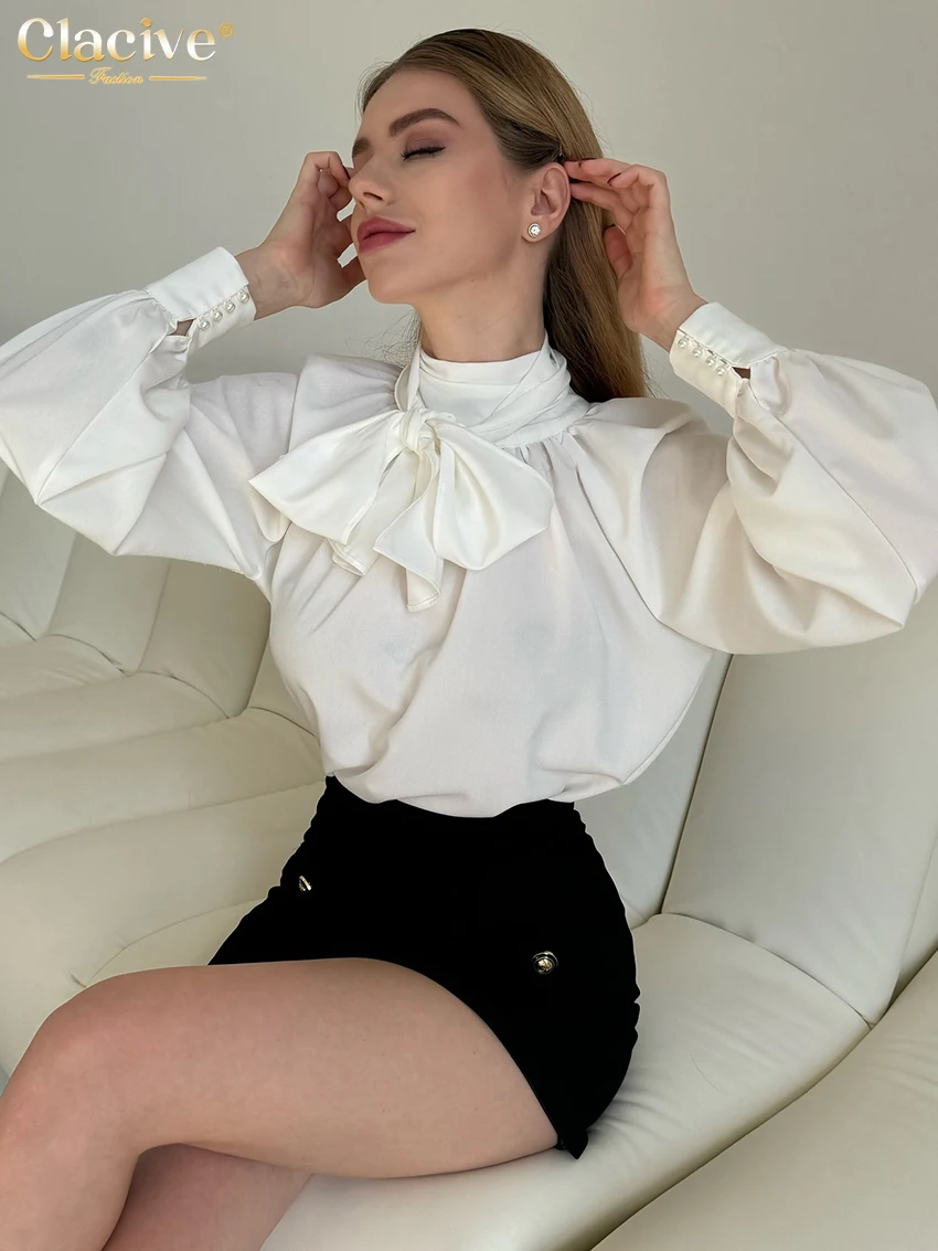 Clacive Spring Loose White Women's Shirt 2026 Fashion Bow Collar Long Sleeve Shirts Elegant Classic Solid Top Female Clothing