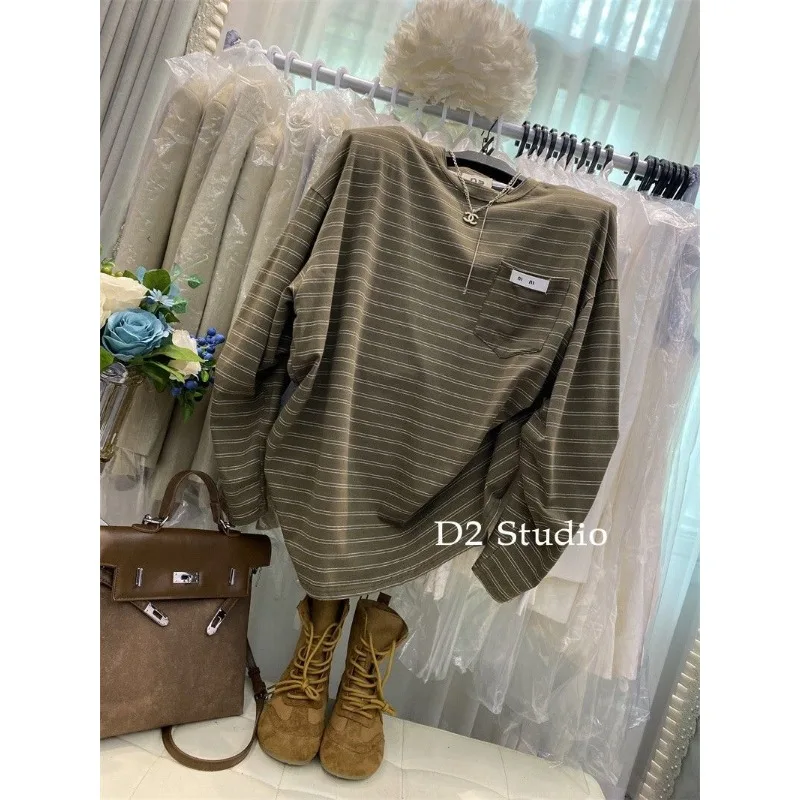 Herfst Nieuwe Koreaanse Stijl Modieuze Retro Gestreepte T-shirt Met Lange Mouwen Voor Vrouwen Losse En Veelzijdige Luie Halflange Dunne top