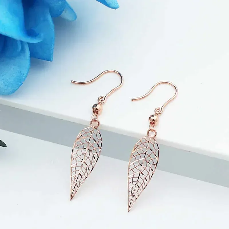 585 Purple Gold Plated 14K Rose Gold Hollow-out Leaf Earrings for Women New in Light Luxury High-level Ear Hook Party Jewelry