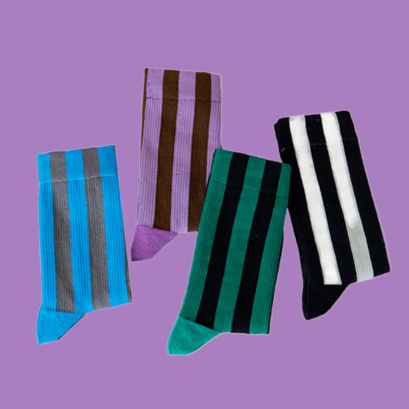 2/4 Pairs 2024 New Trendy Contrast Color Vertical Striped Middle Tube Socks Pure Cotton Color Matching Sports Pile Socks