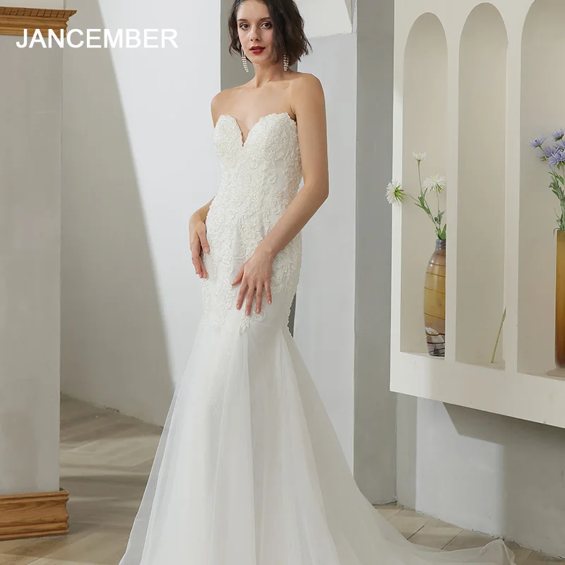 

Jancember New Exquisite Modern Strapless Wedding Dresses Sequins Bride Gowns Sleeveless Appliques Robe Vestido De Novia QW01118