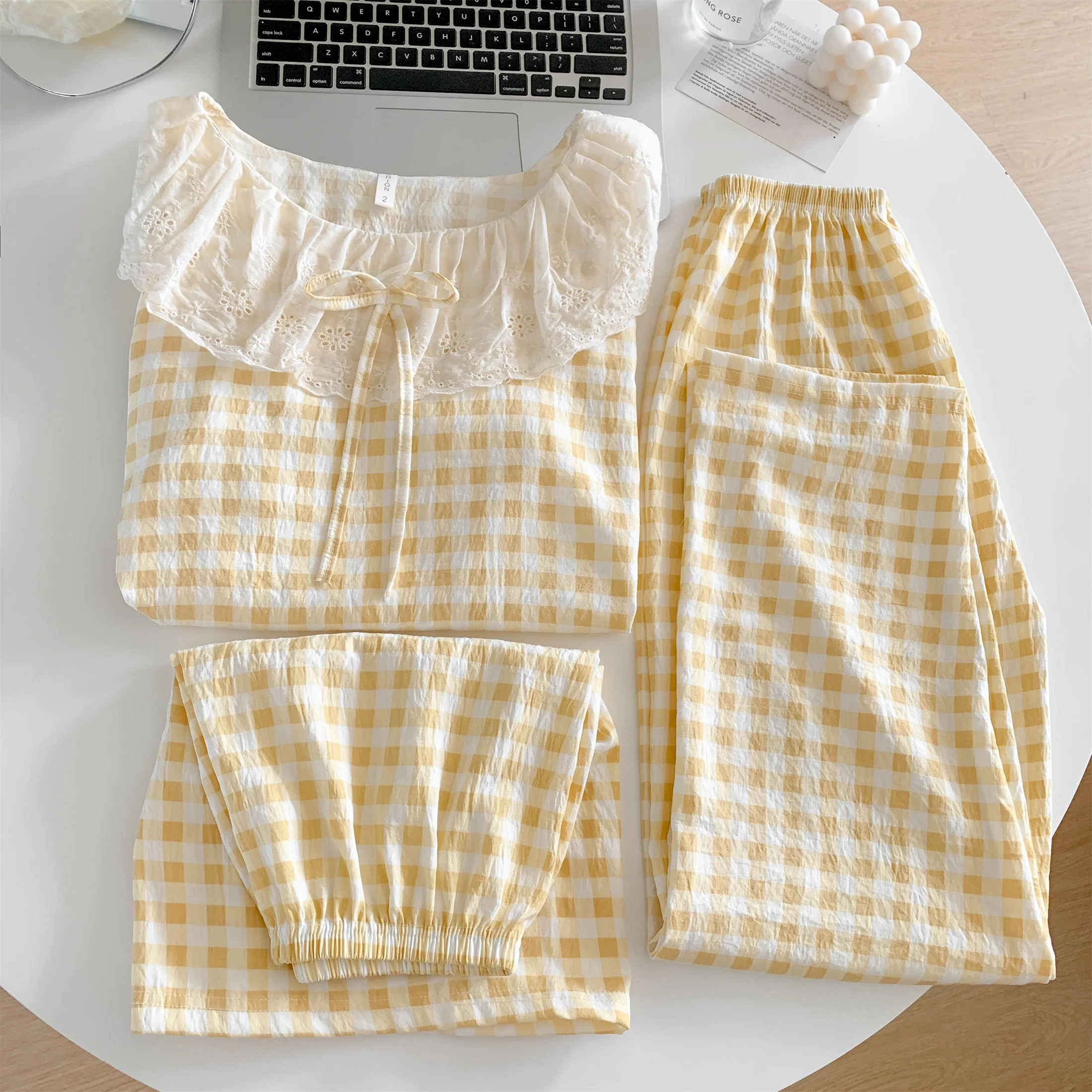 Lace Round Lapel Short Sleeve Women Pajamas Set Summer Sweet Grid Print Sleepwear Pants Cloud Cotton Female 3 Piece Pyjamas Suit