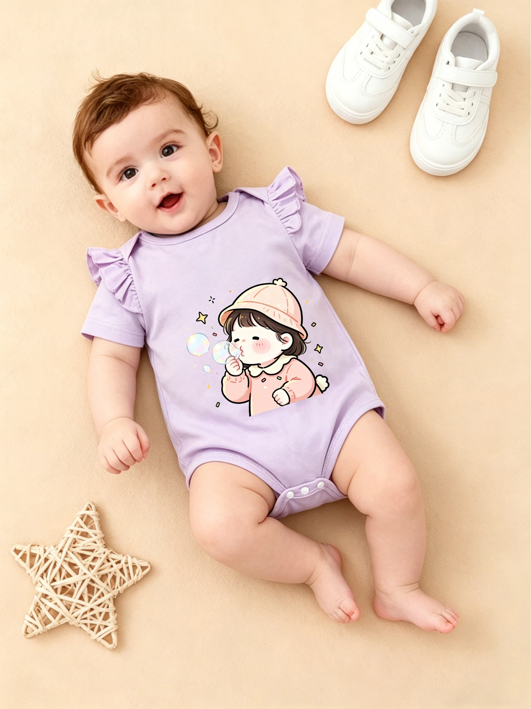 

Sweet Style Star Bubble Print Baby Ruffle Sleeve One Piece Romper Summer New Arrival