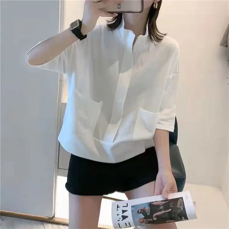 

Summer Zipper Stand Women Short Sleeve T Shirt Pocket Korean Fashion Casual Minimal Commute Loose Clothing White Black Pink Gray
