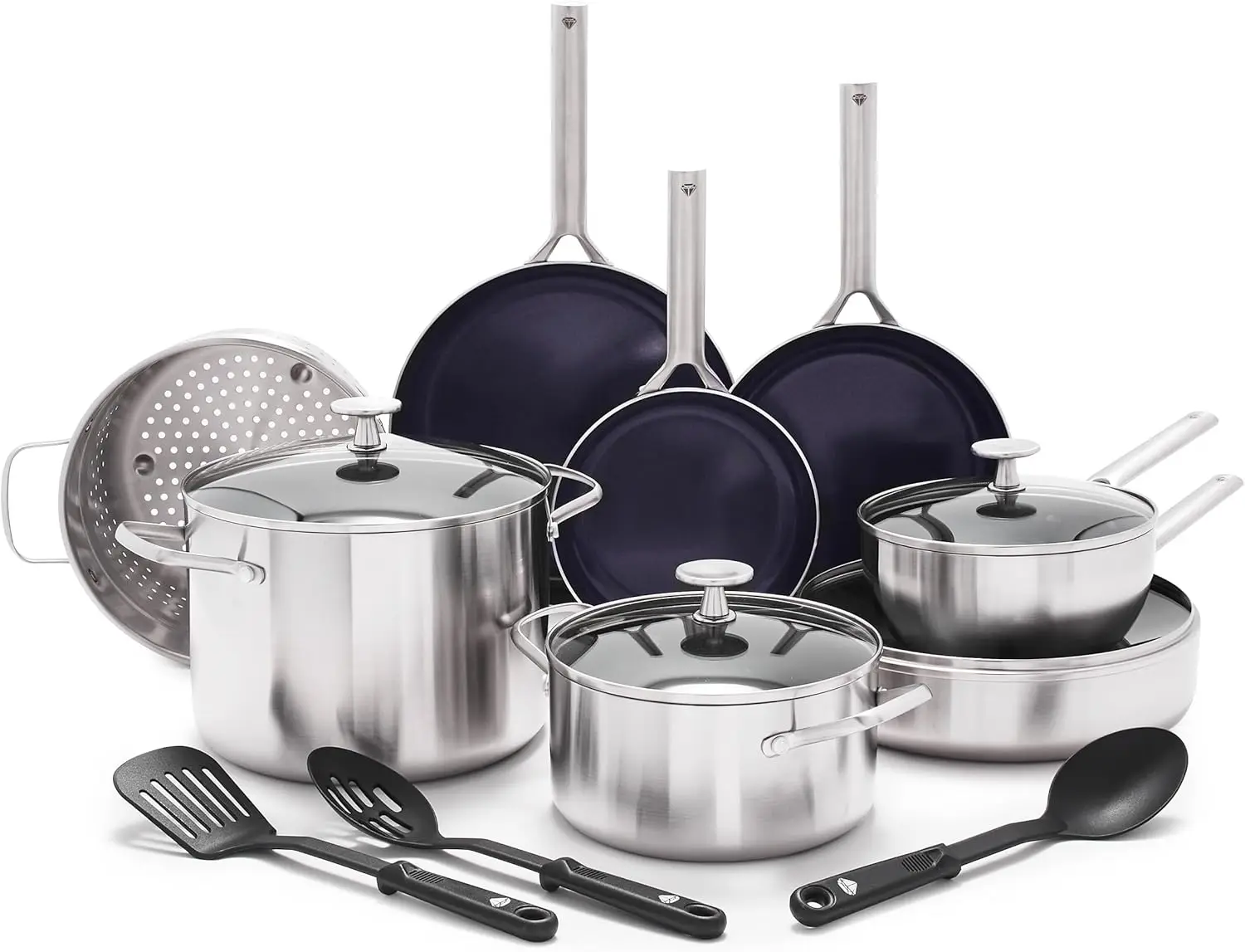 Blue Diamond 15-Piece Tri-Ply Stainless Steel Cookware Set, Healthy Ceramic Nonstick, Induction-Compatible Pots & Pans, Pfas &